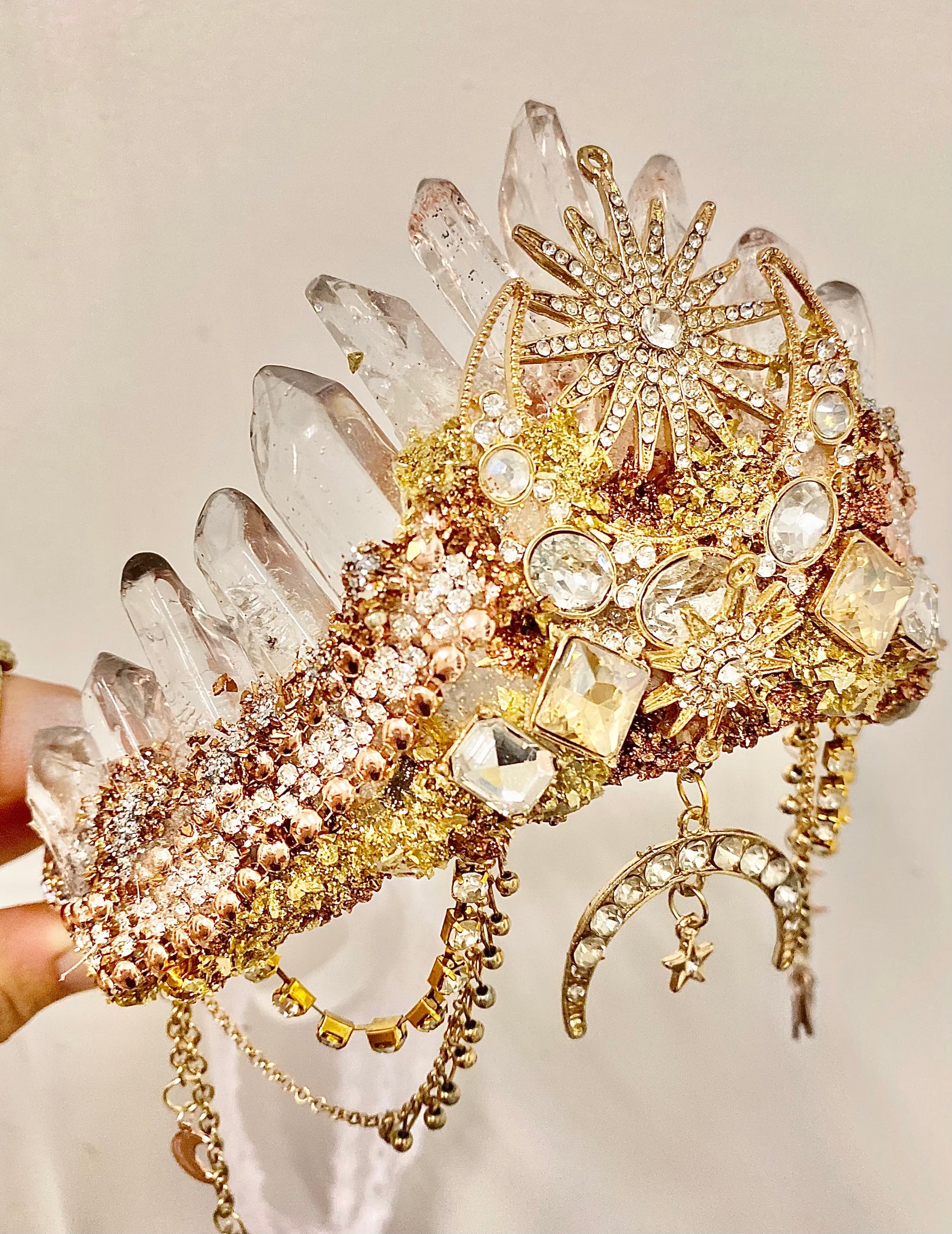 Golden double moon crystal crown