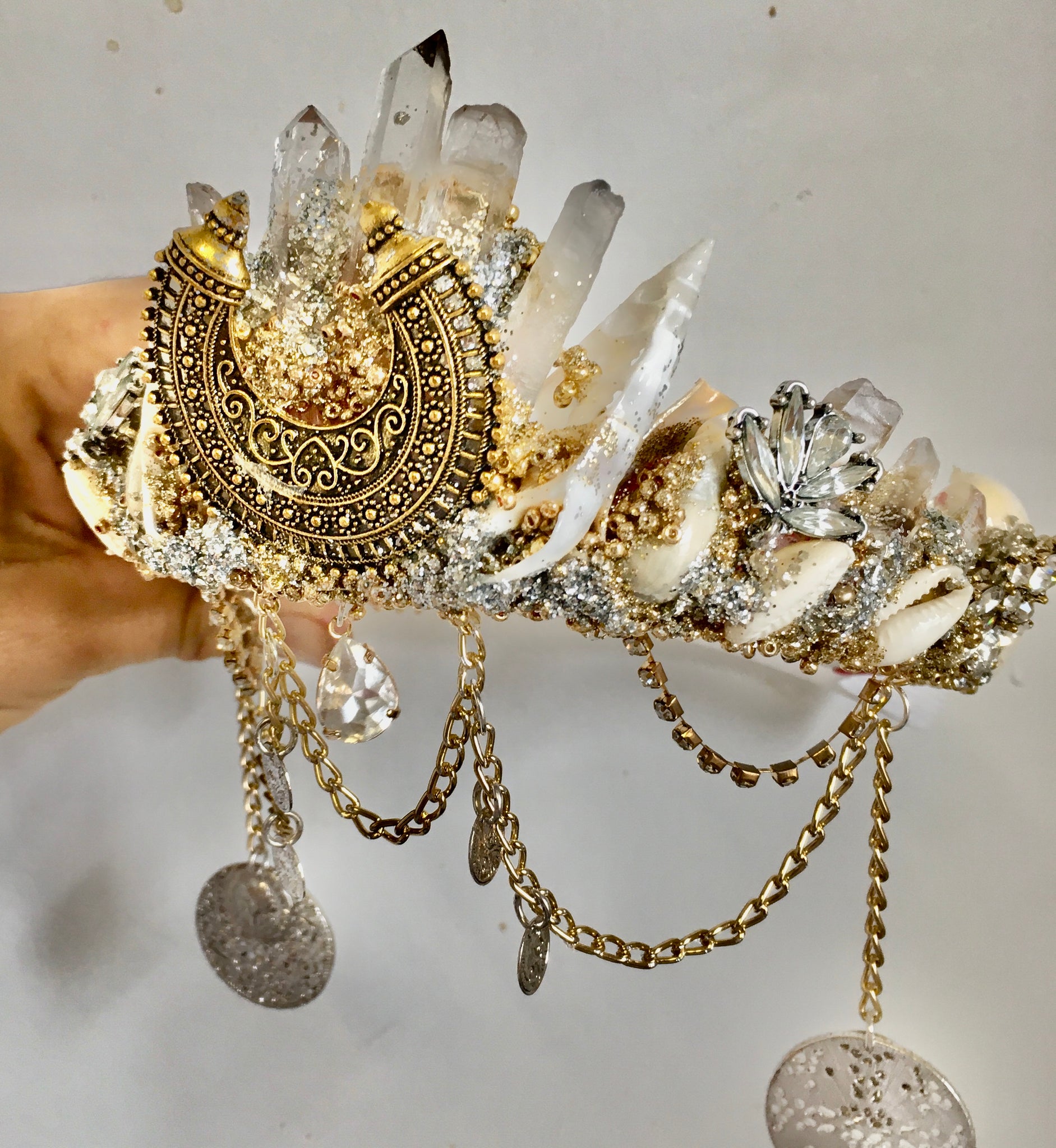 Golden moon crystal & shell mermaid crown ~ Pre order